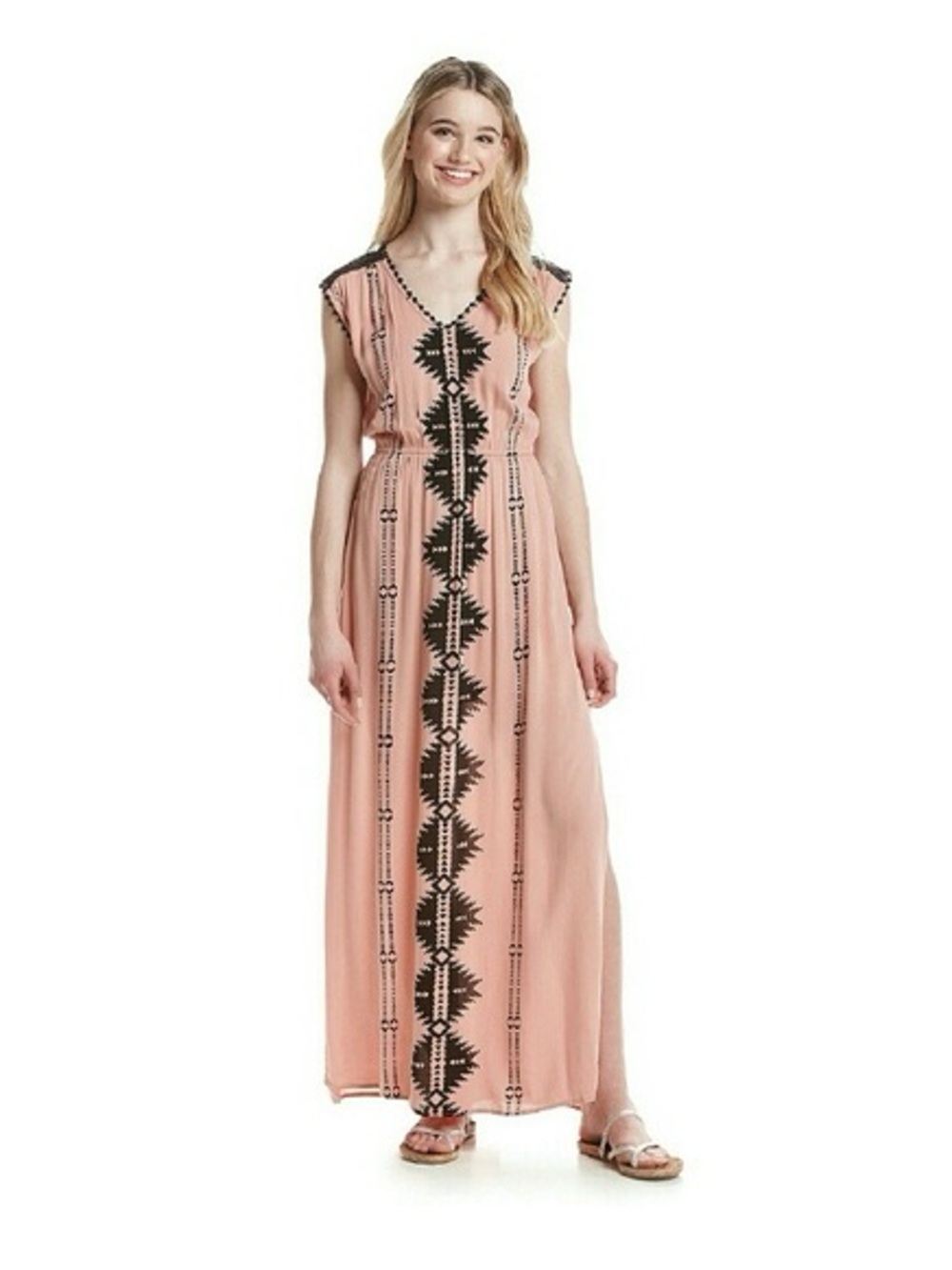 Rue21 Blush Maxi Dress with Embroidered Geometric Accents